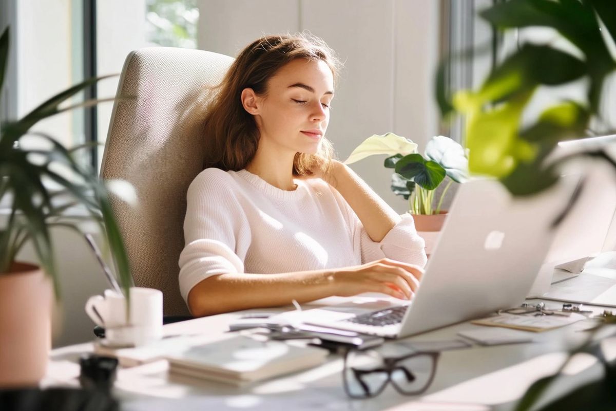 Individual working with intention at a laptop in a calm workspace
